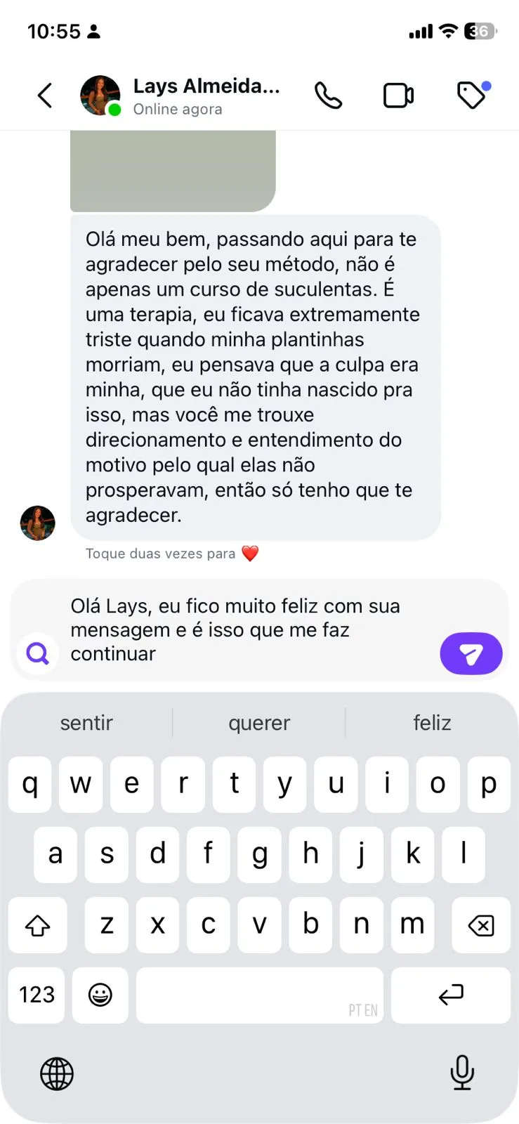 Print WhatsApp 05 - depoimento de aluna